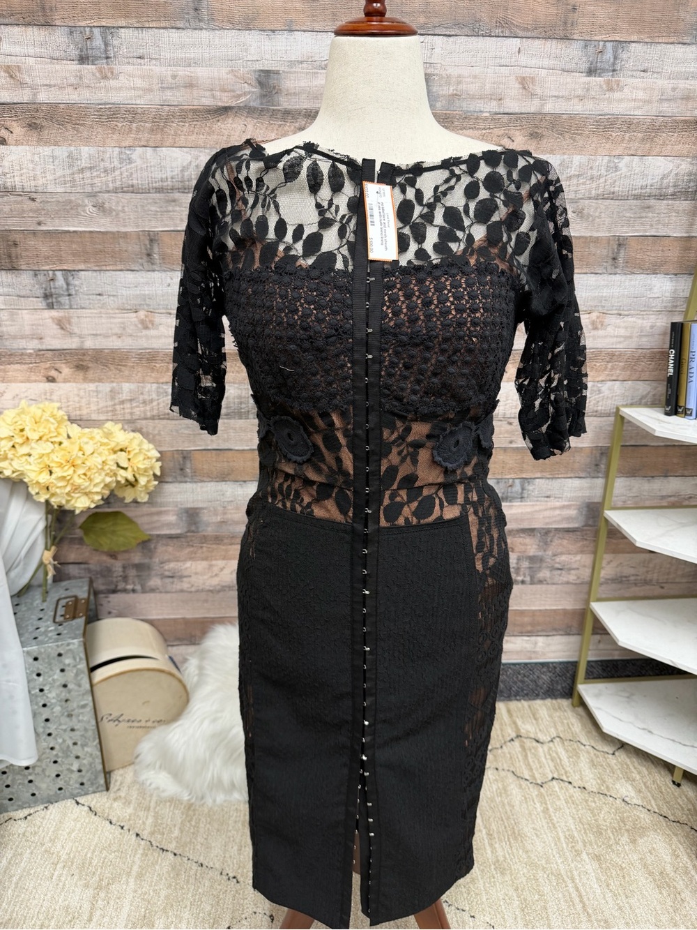 no label lace and mesh sheath dress with nude lining lining
